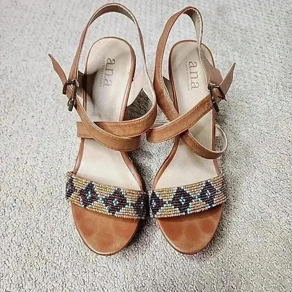 A.N.A‎ A NEW APPROACH BEADED WEDGE SANDALS Heels Brown Blue Cork 7.5 Boho resort
